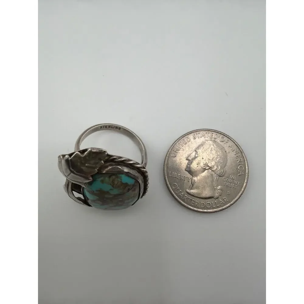 Vintage Navajo Sterling Silver Turquoise Leaf Ring 6.5